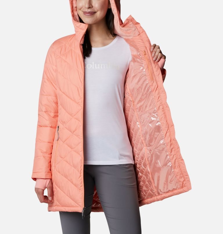 Women's Columbia Heavenly Long Hooded Down Jackets Coral | CA-ZCL63