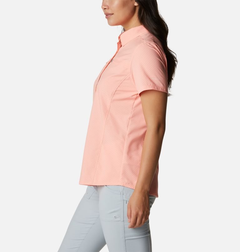 Women's Columbia PFG Cool Release Woven Short Sleeve Shirts Pink | CA-U83L4
