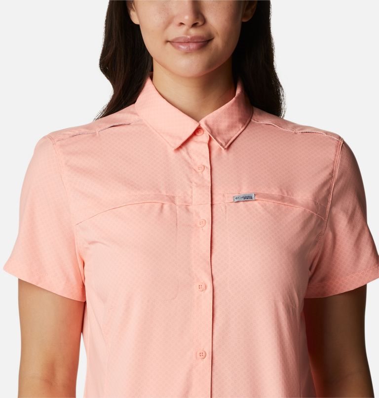 Women's Columbia PFG Cool Release Woven Short Sleeve Shirts Pink | CA-U83L4