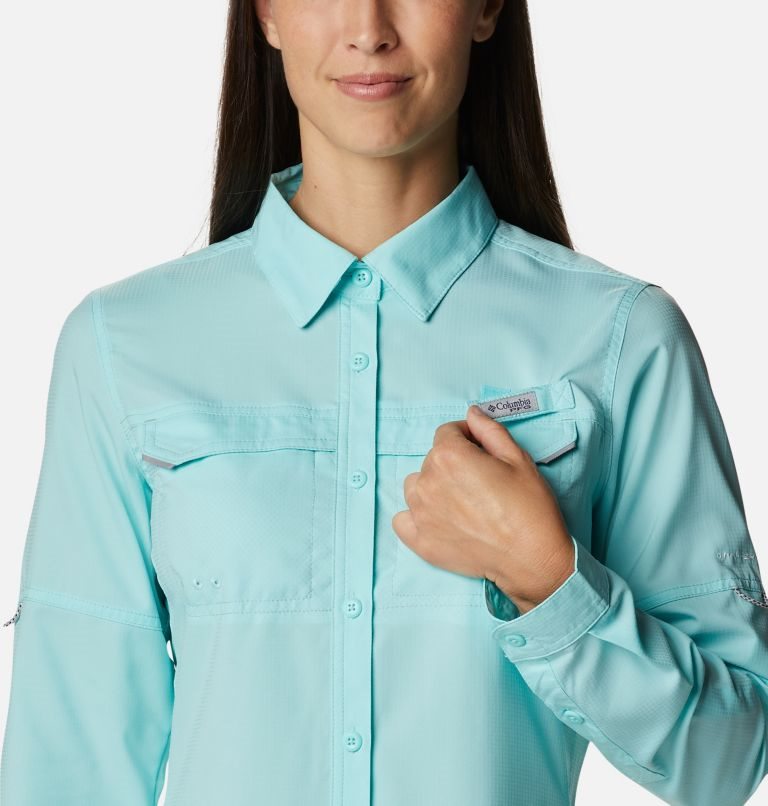 Women's Columbia PFG Lo Drag Long Sleeve Shirts Turquoise | CA-OA805