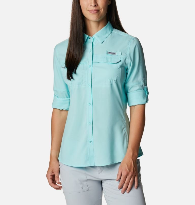 Women's Columbia PFG Lo Drag Long Sleeve Shirts Turquoise | CA-OA805