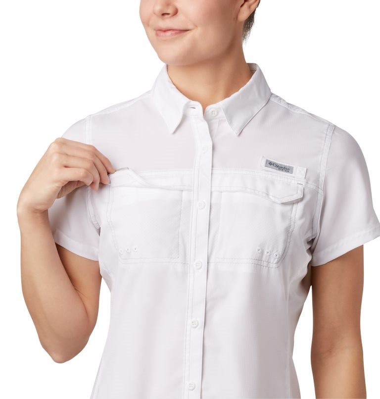 Women's Columbia PFG Lo Drag Short Sleeve Shirts White | CA-A610A