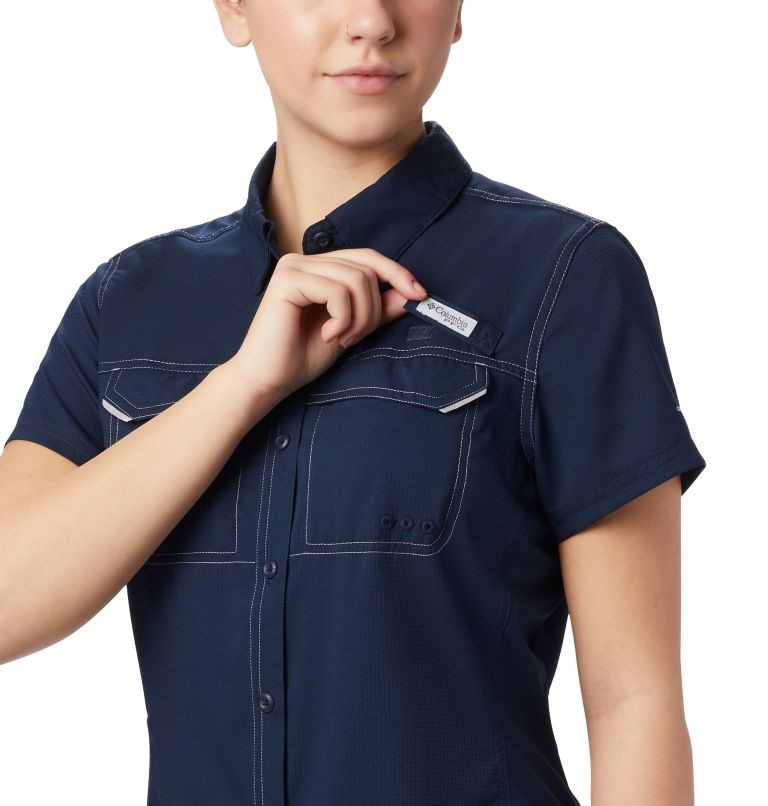 Women's Columbia PFG Lo Drag Short Sleeve Shirts Navy | CA-W560C