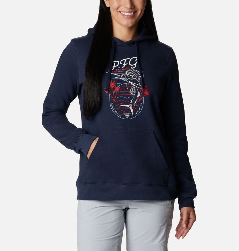 Women\'s Columbia PFG Slack Water Graphic Hoodie Navy | CA-C4860