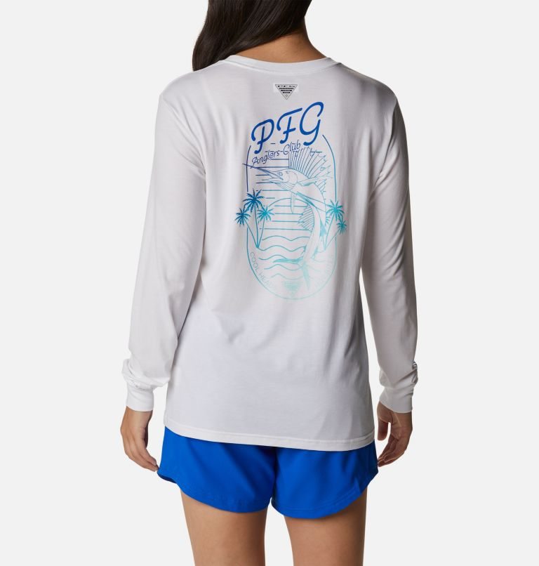 Women's Columbia PFG Slack Water Graphic Long Sleeve Sweatshirts White | CA-C53L4