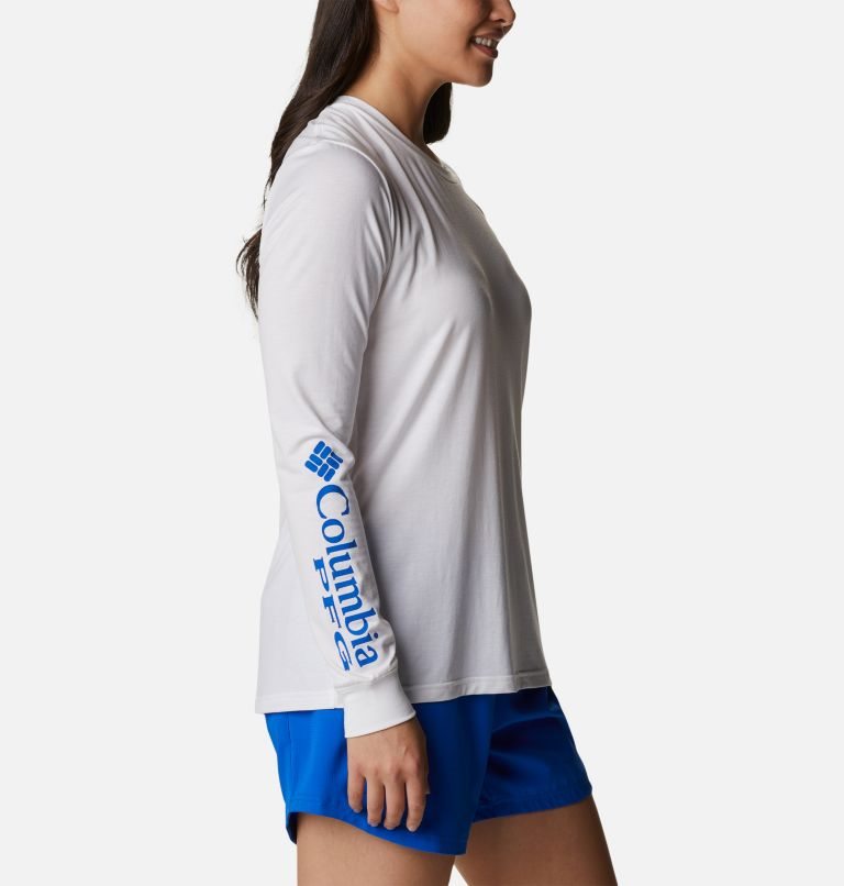 Women's Columbia PFG Slack Water Graphic Long Sleeve Sweatshirts White | CA-C53L4