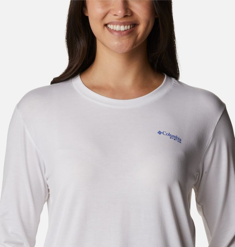 Women's Columbia PFG Slack Water Graphic Long Sleeve Sweatshirts White | CA-C53L4