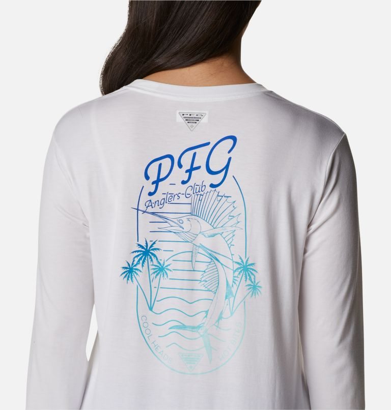 Women's Columbia PFG Slack Water Graphic Long Sleeve Sweatshirts White | CA-C53L4