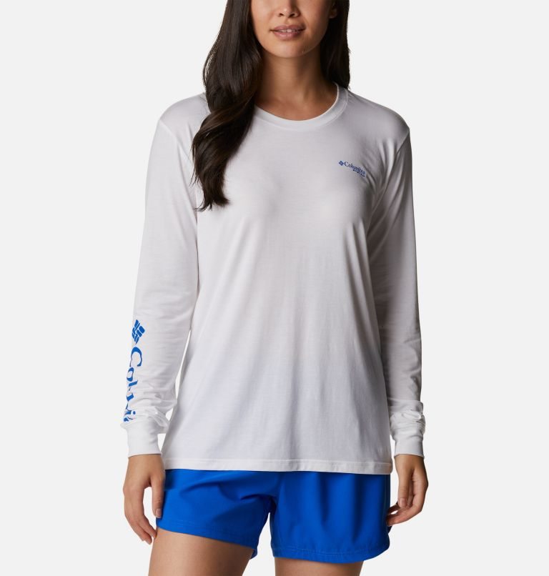 Women\'s Columbia PFG Slack Water Graphic Long Sleeve Sweatshirts White | CA-C53L4