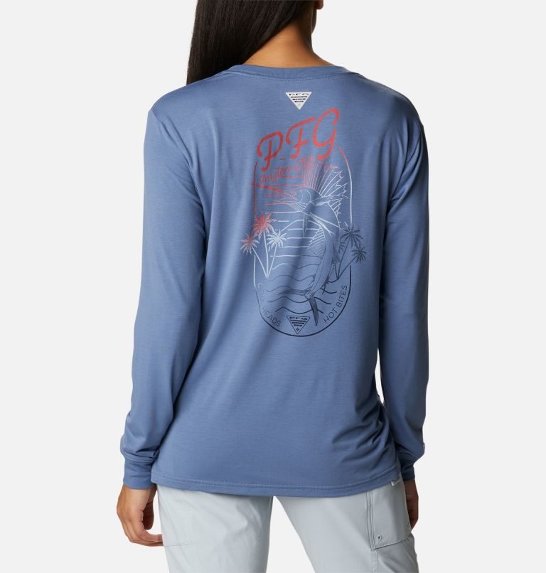 Women's Columbia PFG Slack Water Graphic Long Sleeve Sweatshirts Blue | CA-JA480
