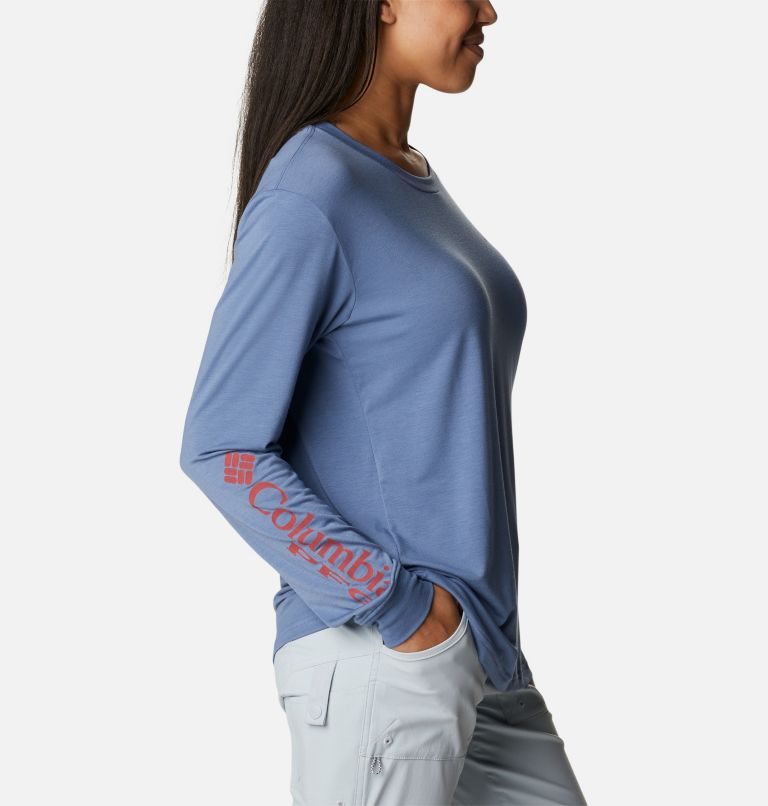 Women's Columbia PFG Slack Water Graphic Long Sleeve Sweatshirts Blue | CA-JA480