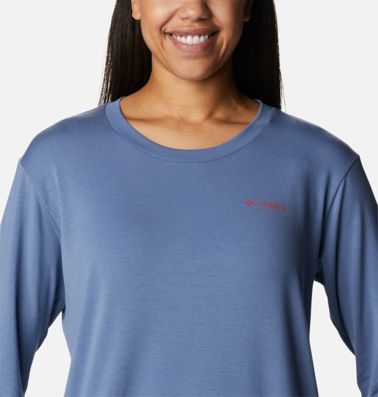Women's Columbia PFG Slack Water Graphic Long Sleeve Sweatshirts Blue | CA-JA480