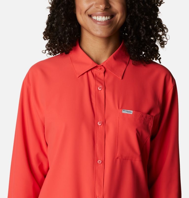 Women's Columbia PFG Sun Drifter Woven Long Sleeve Shirts Red | CA-A45A0