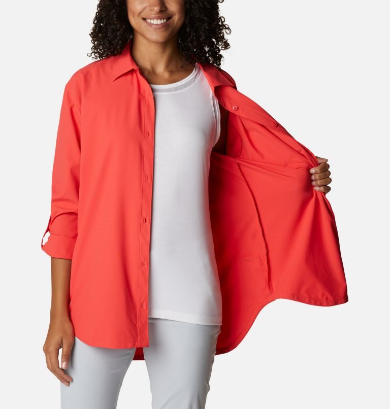 Women's Columbia PFG Sun Drifter Woven Long Sleeve Shirts Red | CA-A45A0