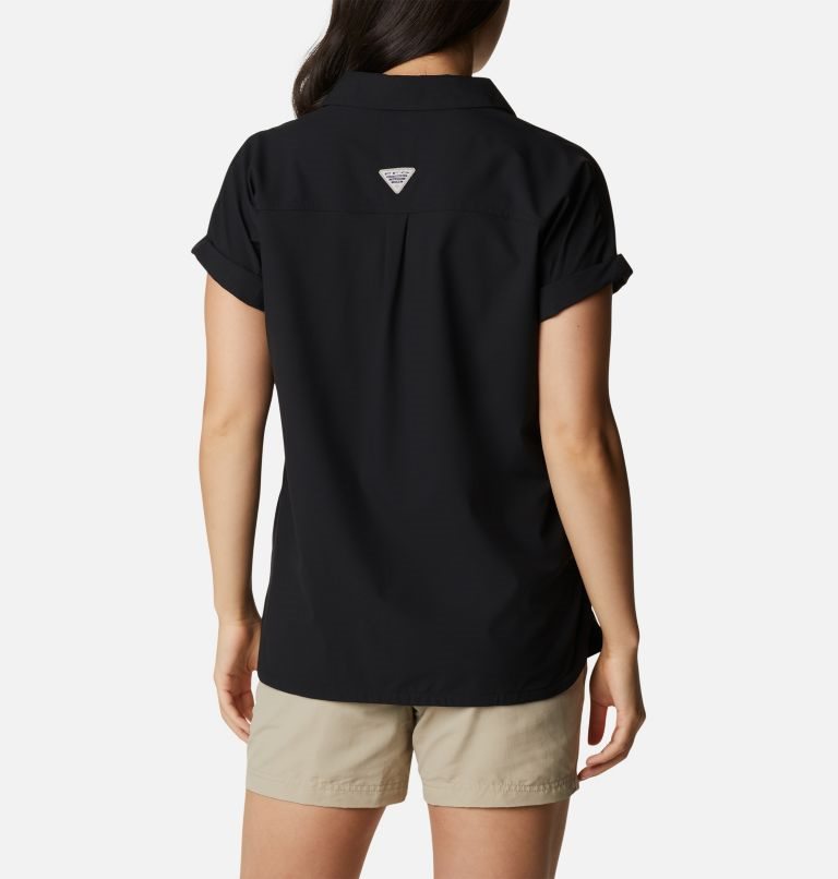 Women's Columbia PFG Sun Drifter Woven Short Sleeve Shirts Black | CA-B5A01