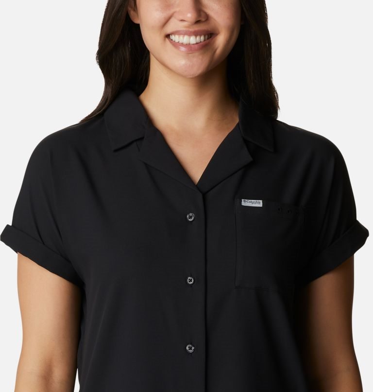 Women's Columbia PFG Sun Drifter Woven Short Sleeve Shirts Black | CA-B5A01