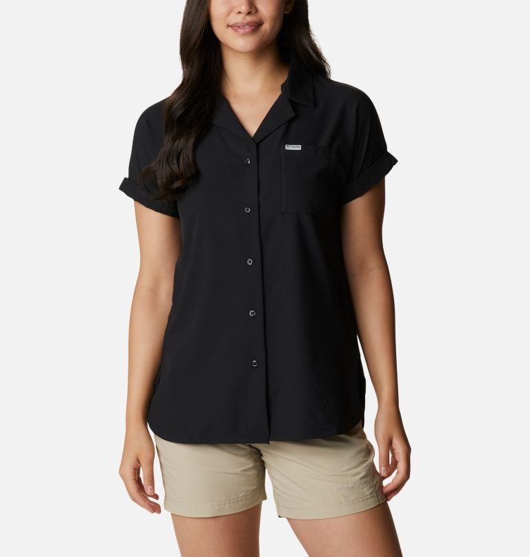 Women\'s Columbia PFG Sun Drifter Woven Short Sleeve Shirts Black | CA-B5A01