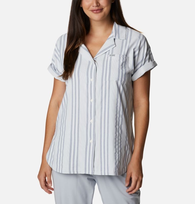 Women\'s Columbia PFG Sun Drifter Woven Short Sleeve Shirts Stripe | CA-N6504