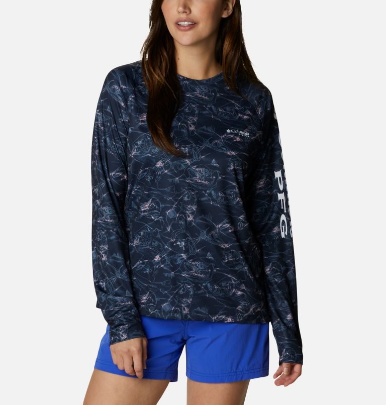 Women\'s Columbia PFG Super Tidal Tee Long Sleeve Sweatshirts Navy | CA-D01CL