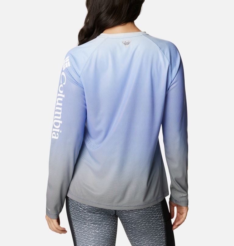 Women's Columbia PFG Tidal Deflector Printed Long Sleeve Sweatshirts Light Blue | CA-Z0L15