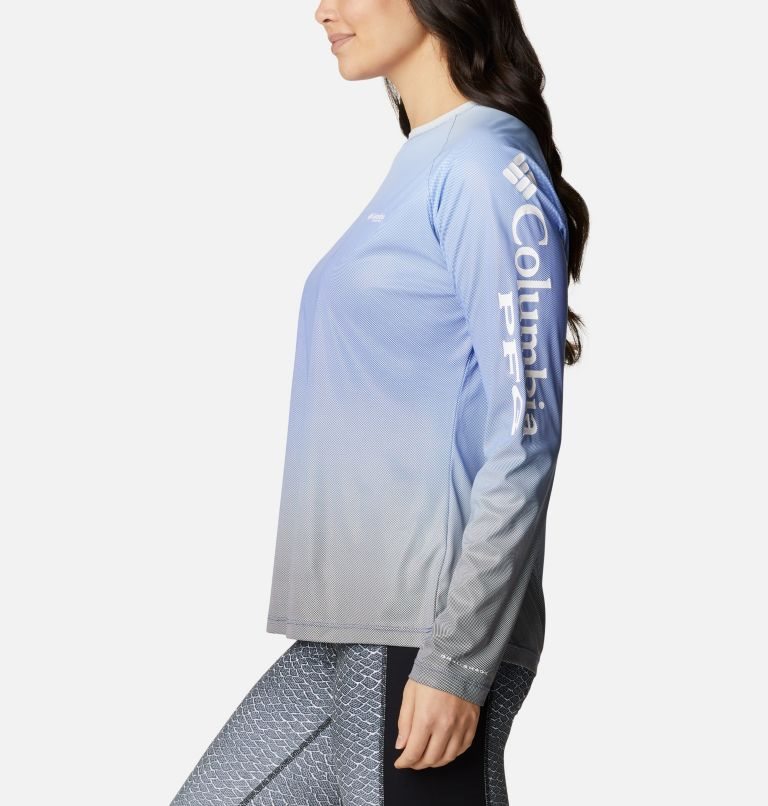 Women's Columbia PFG Tidal Deflector Printed Long Sleeve Sweatshirts Light Blue | CA-Z0L15