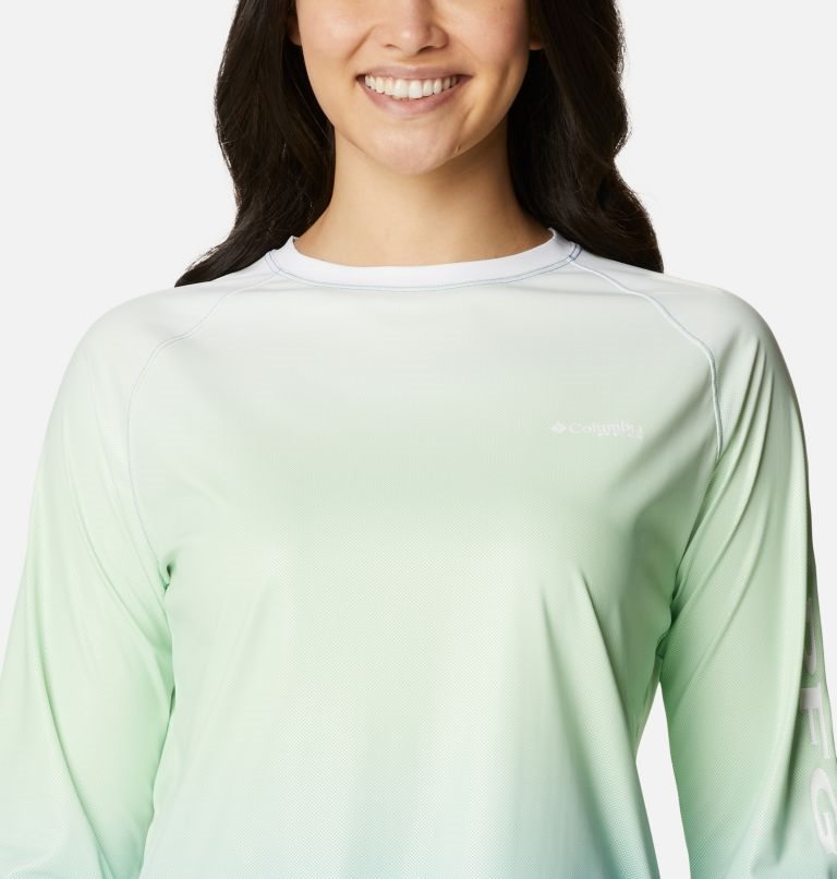 Women's Columbia PFG Tidal Deflector Printed Long Sleeve Sweatshirts Mint / Blue | CA-Z863C
