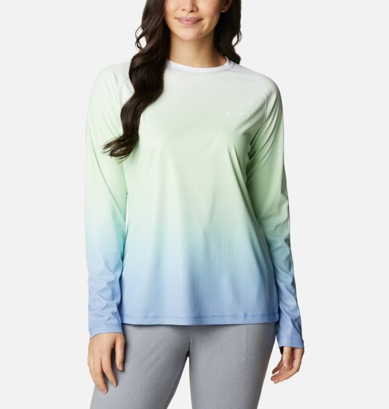 Women\'s Columbia PFG Tidal Deflector Printed Long Sleeve Sweatshirts Mint / Blue | CA-Z863C
