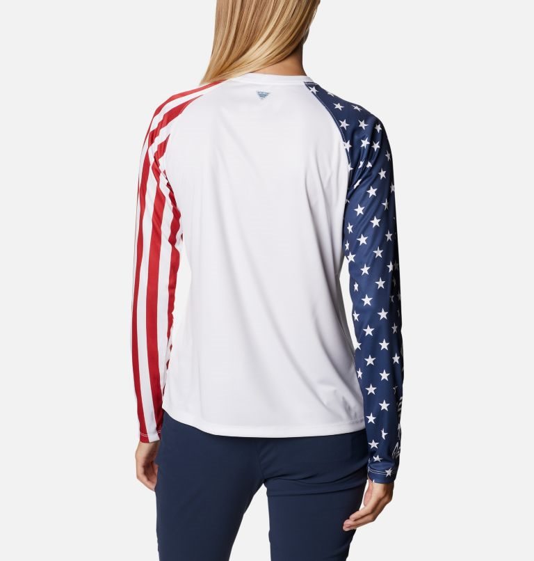 Women's Columbia PFG Tidal Tee Americana LS Sweatshirts White | CA-FL046