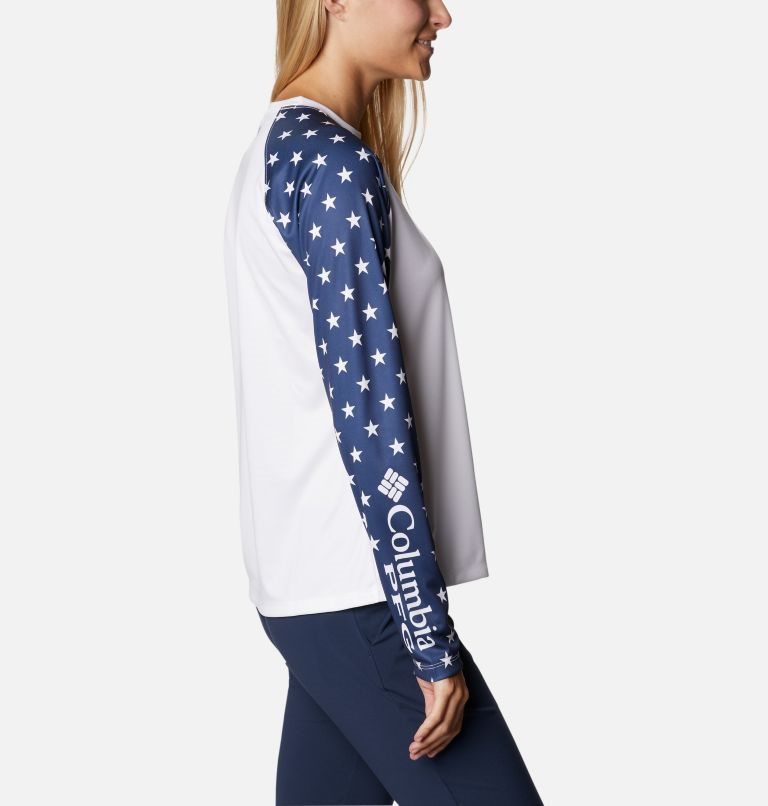 Women's Columbia PFG Tidal Tee Americana LS Sweatshirts White | CA-FL046
