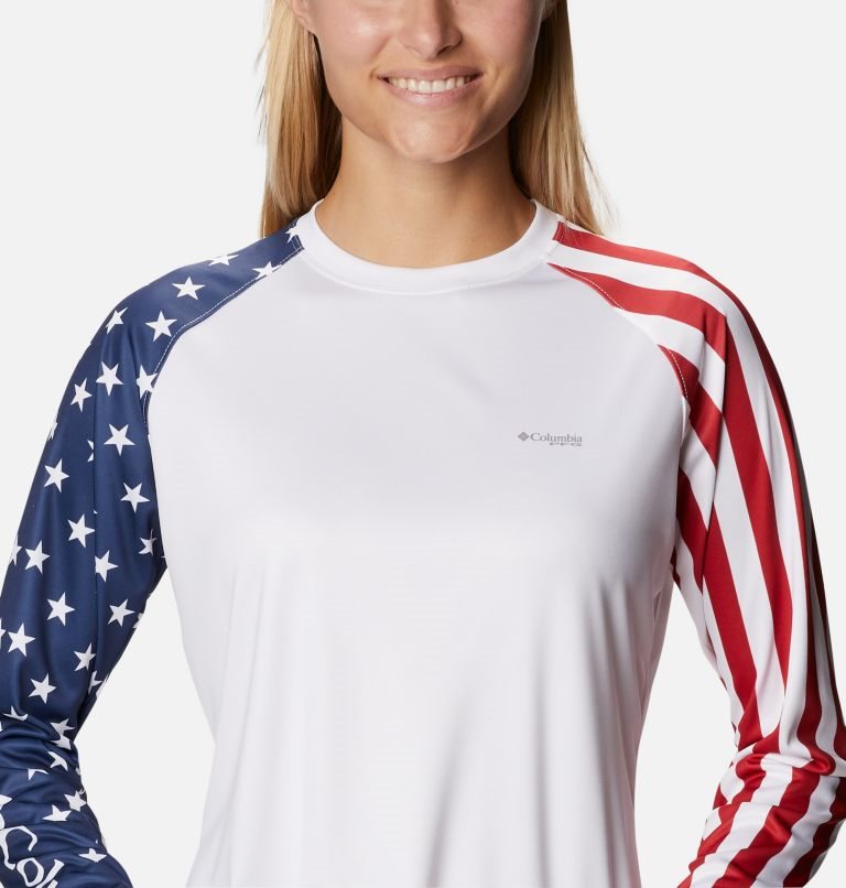 Women's Columbia PFG Tidal Tee Americana LS Sweatshirts White | CA-FL046