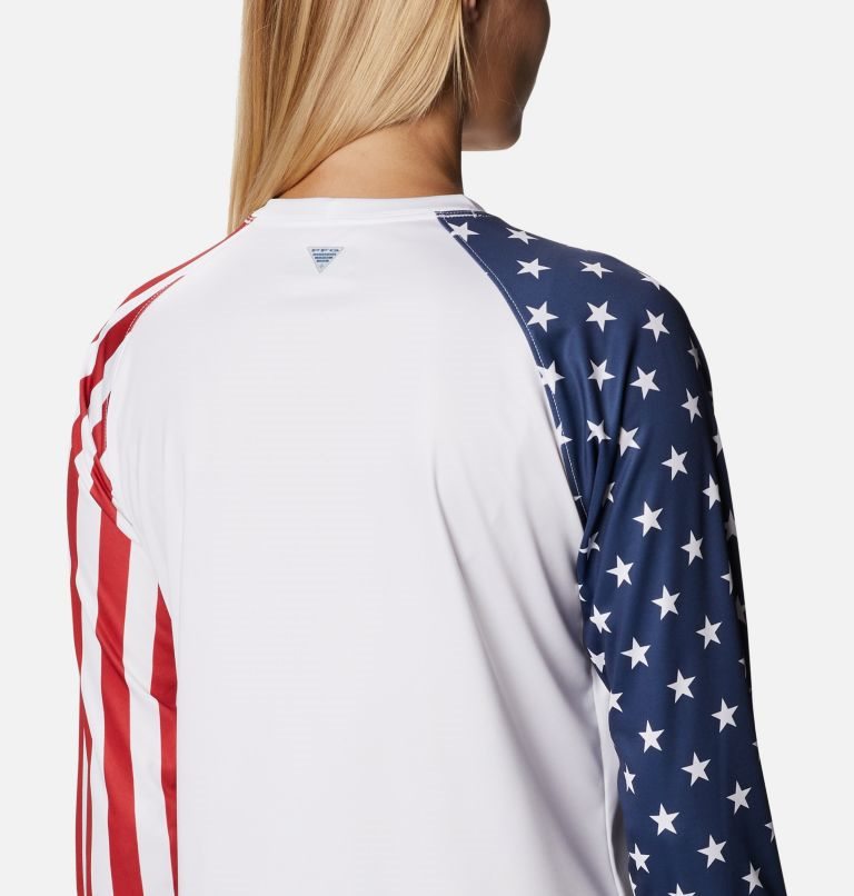 Women's Columbia PFG Tidal Tee Americana LS Sweatshirts White | CA-FL046