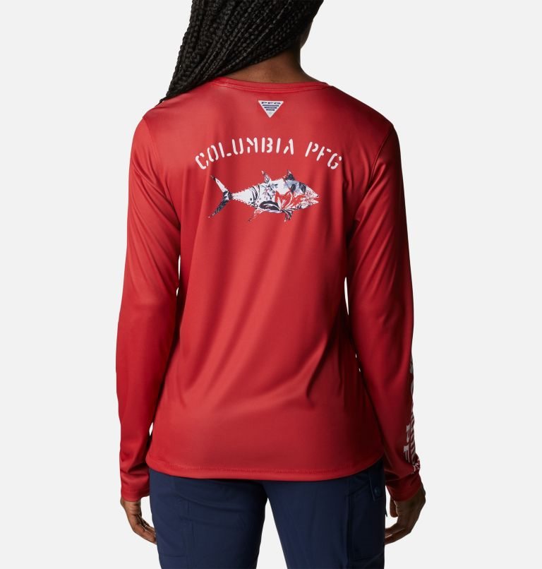 Women's Columbia PFG Tidal Tee Fill-O-Print Fish Long Sleeve Sweatshirts Red | CA-F6501