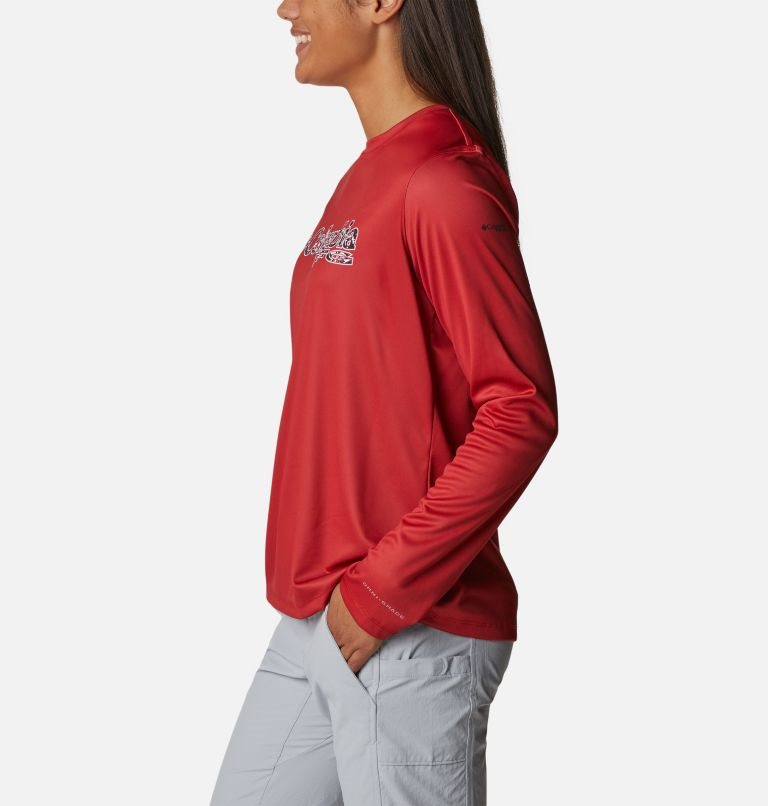 Women's Columbia PFG Tidal Tee Stacked Logo Long Sleeve Sweatshirts Red | CA-IAL30