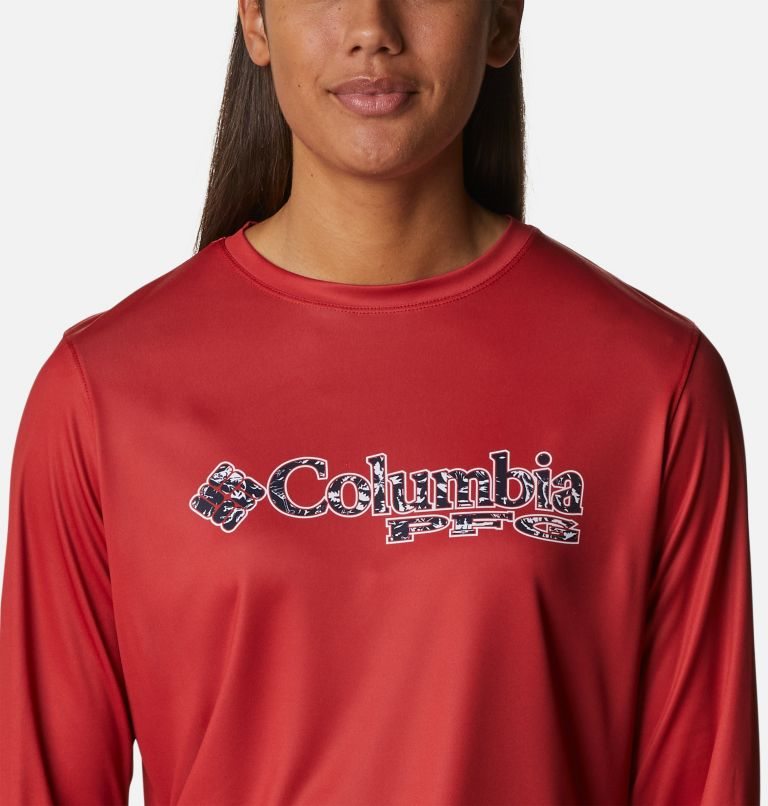 Women's Columbia PFG Tidal Tee Stacked Logo Long Sleeve Sweatshirts Red | CA-IAL30