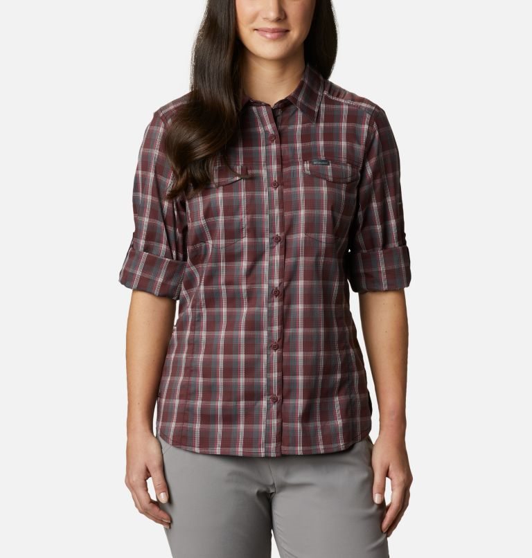 Women's Columbia Silver Ridge Lite Plaid Long Sleeve Shirts Burgundy | CA-DA860